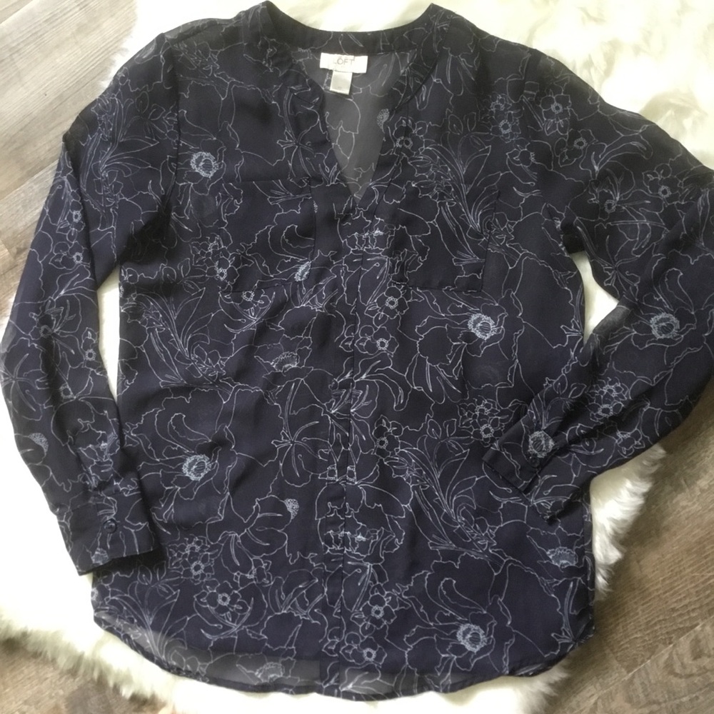 Loft Navy White Sheer Floral Tunic Blouse XS